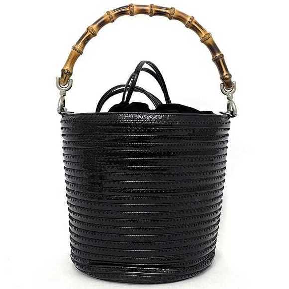 Gucci Bamboo Drawstring Handbag Patent Leather Suede Black Beige - Picture 3 of 10